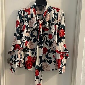 Gracia small Red and Black Rose Ruffle trim tie in front l/S Blouse